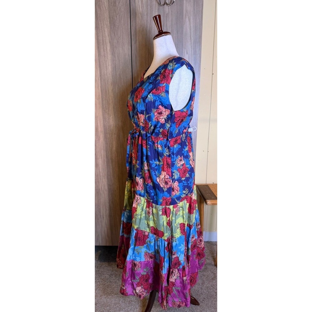 459. Boho Retro Woman Within Floral Tiered Cotton Maxi Dress 22W Sleeveless - Picture 4 of 6